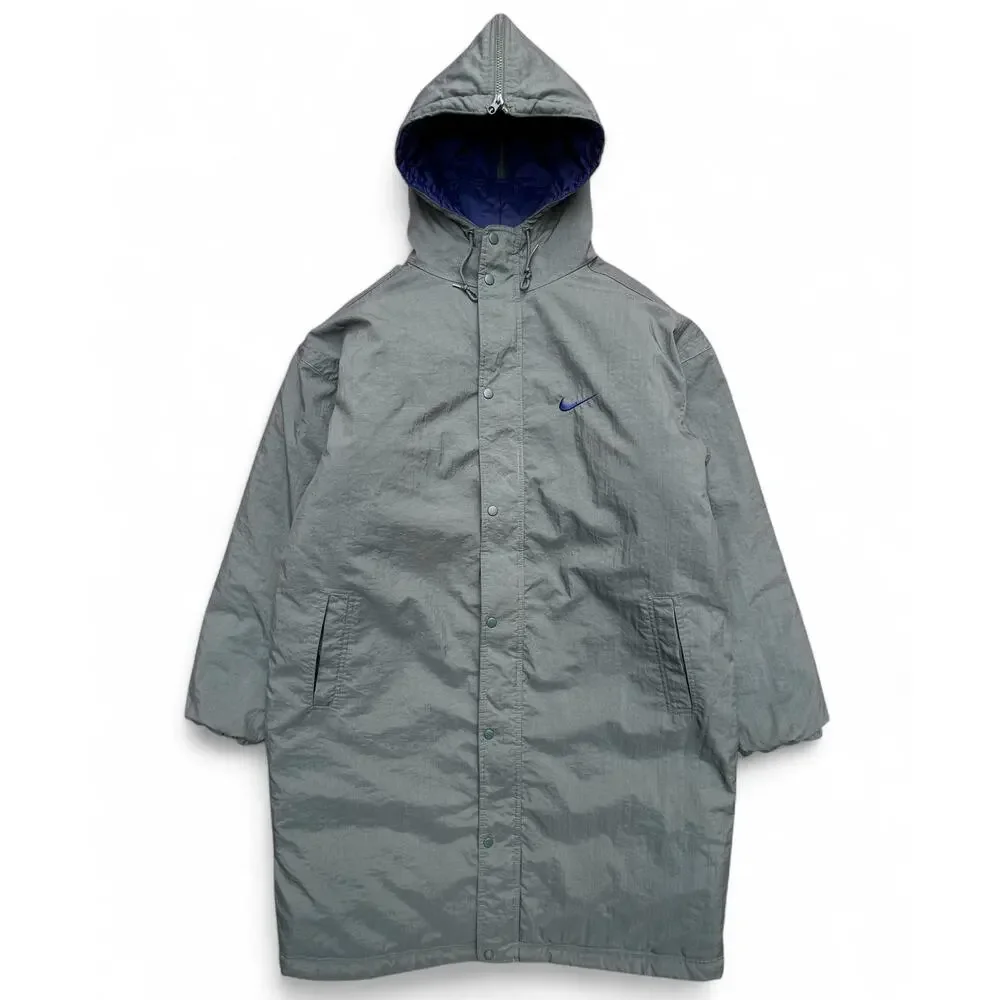 Vintage Nike Swoosh Split Hooded Long Puffer Jacket Parka Coat Green Navy L 90s